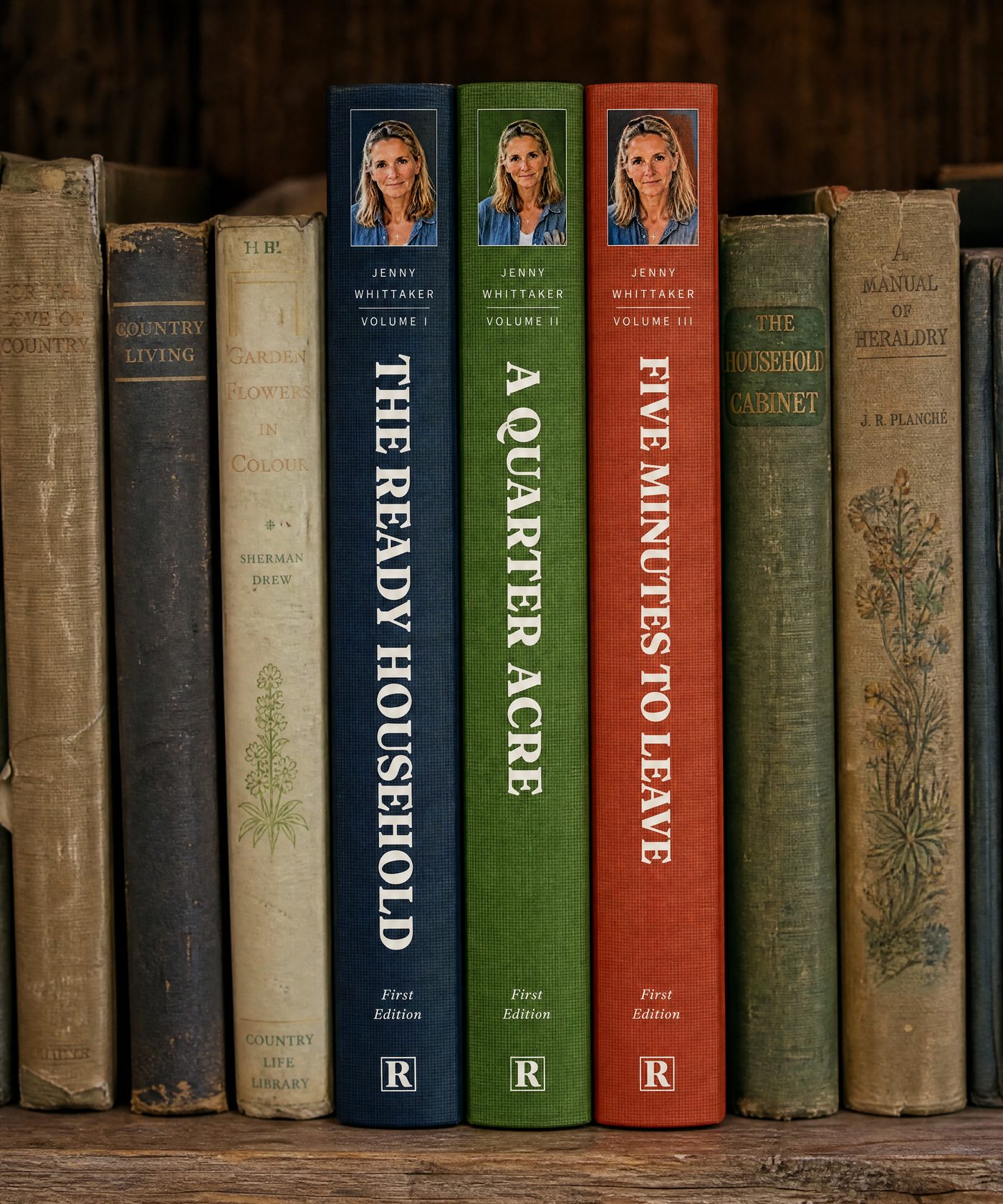 The three books on the shelf: The Ready Household, A Quarter Acre and Five Minutes to Leave